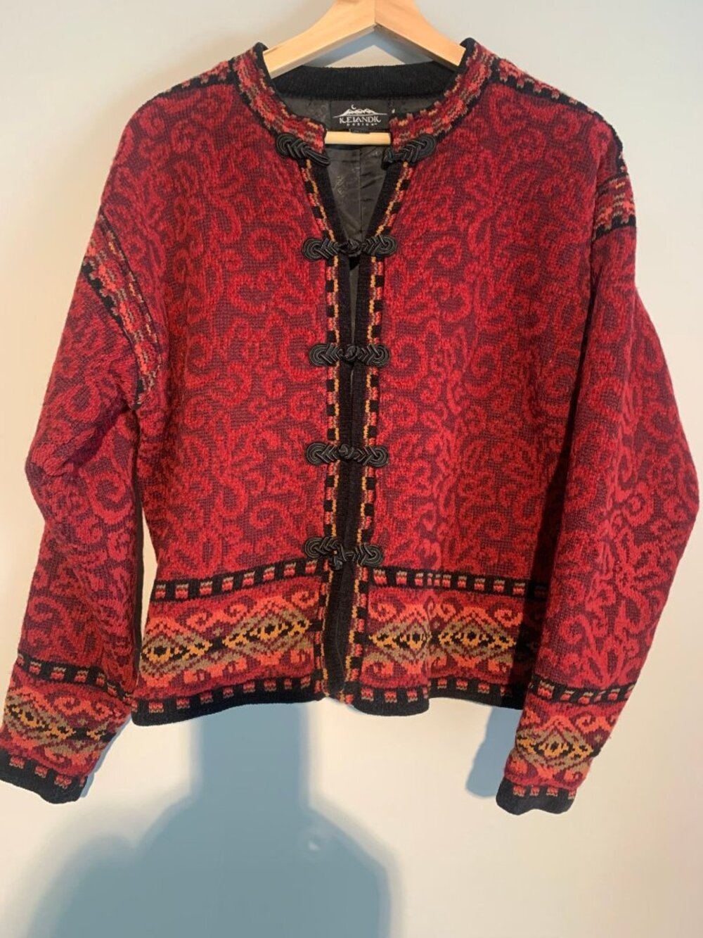 Icelandic Design Red Wool Blend Cardigan Jacket With Black Frog Closures & Multi